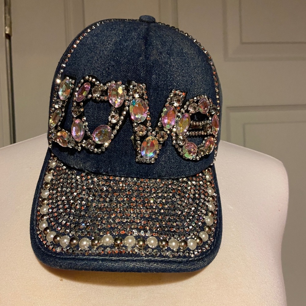Silver LOVE Cap Bling Bedazzled Blue Denim Gem Baseball Hat
